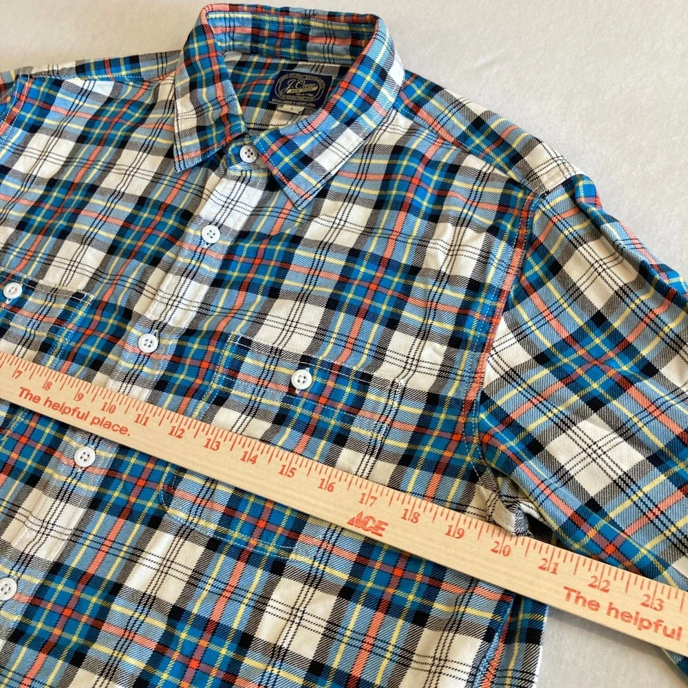 J. Crew Sportsman Mens Large Plaid Flannel Shirt Blue Orange Button Up Preppy